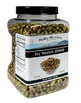 Medley Hills Farm dry roasted edamame in a reusable container, snack-ready