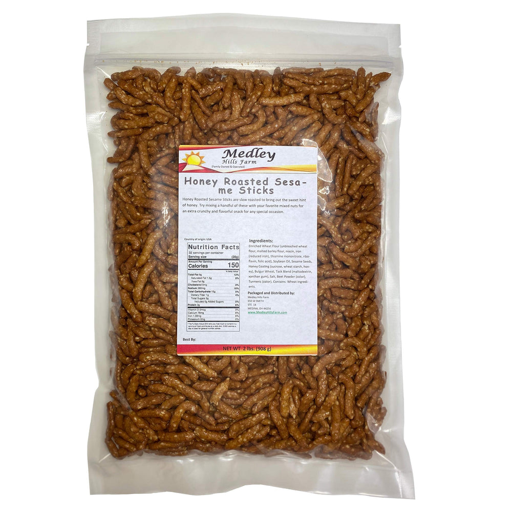 Medley Hills Farm honey roasted sesame sticks bulk, resealable bag for on-the-go snacking.