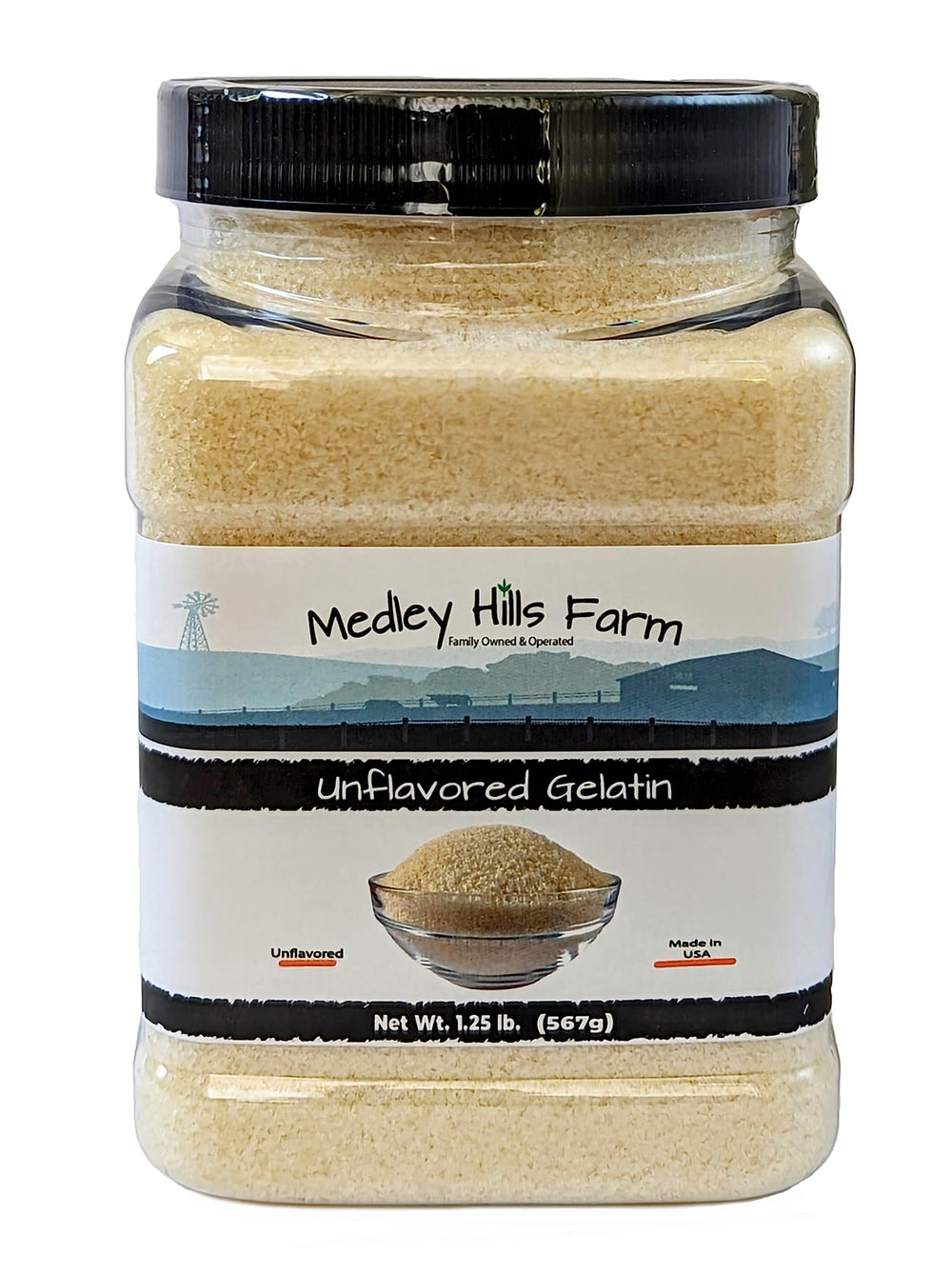 Medley Hills Farm unflavored gelatin container keeps powder ready for versatile dessert recipes.