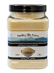 Medley Hills Farm unflavored gelatin container keeps powder ready for versatile dessert recipes.