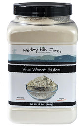 Medley Hills Farm Vital Wheat Gluten container shows reusable packaging for long-term pantry use.