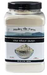 Medley Hills Farm Vital Wheat Gluten container shows reusable packaging for long-term pantry use.