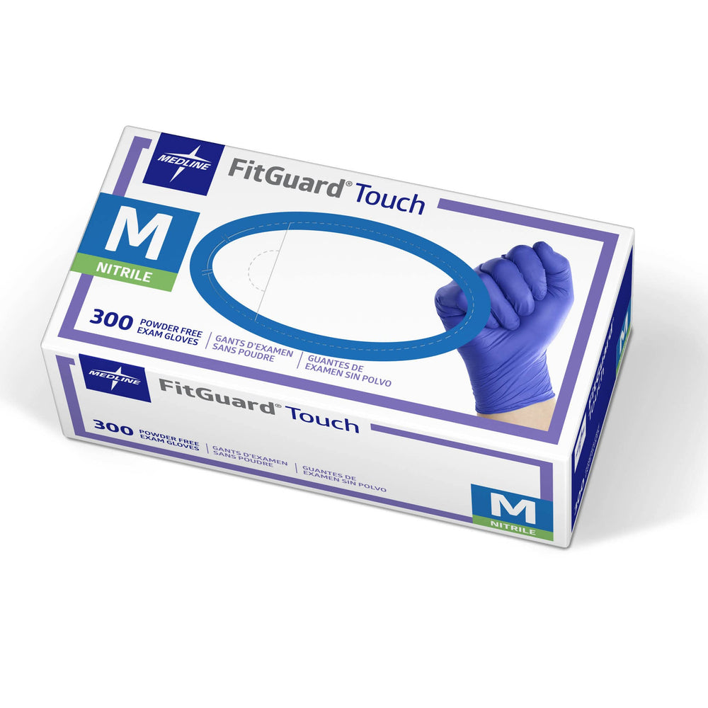 Medline FitGuard Touch nitrile gloves pack closeup, powder-free design for sensitive hands