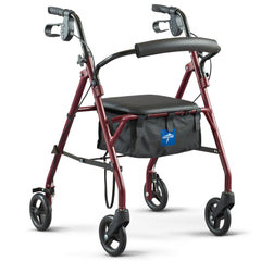 Medline steel rollator burgundy frame provides sturdy daily mobility support.