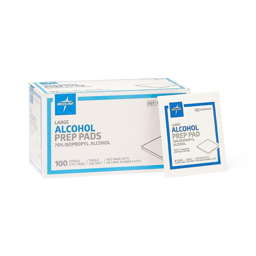Medline large sterile alcohol pads pack front view for convenient skin prep