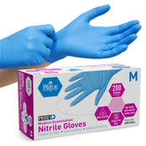 Medpride nitrile gloves blue box front; durable, latex-free exam gloves for medical environments.