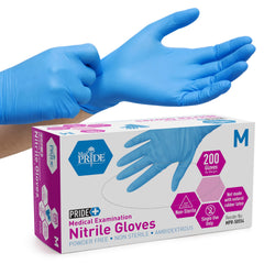 Medpride nitrile gloves blue box front; durable, latex-free exam gloves for medical environments.