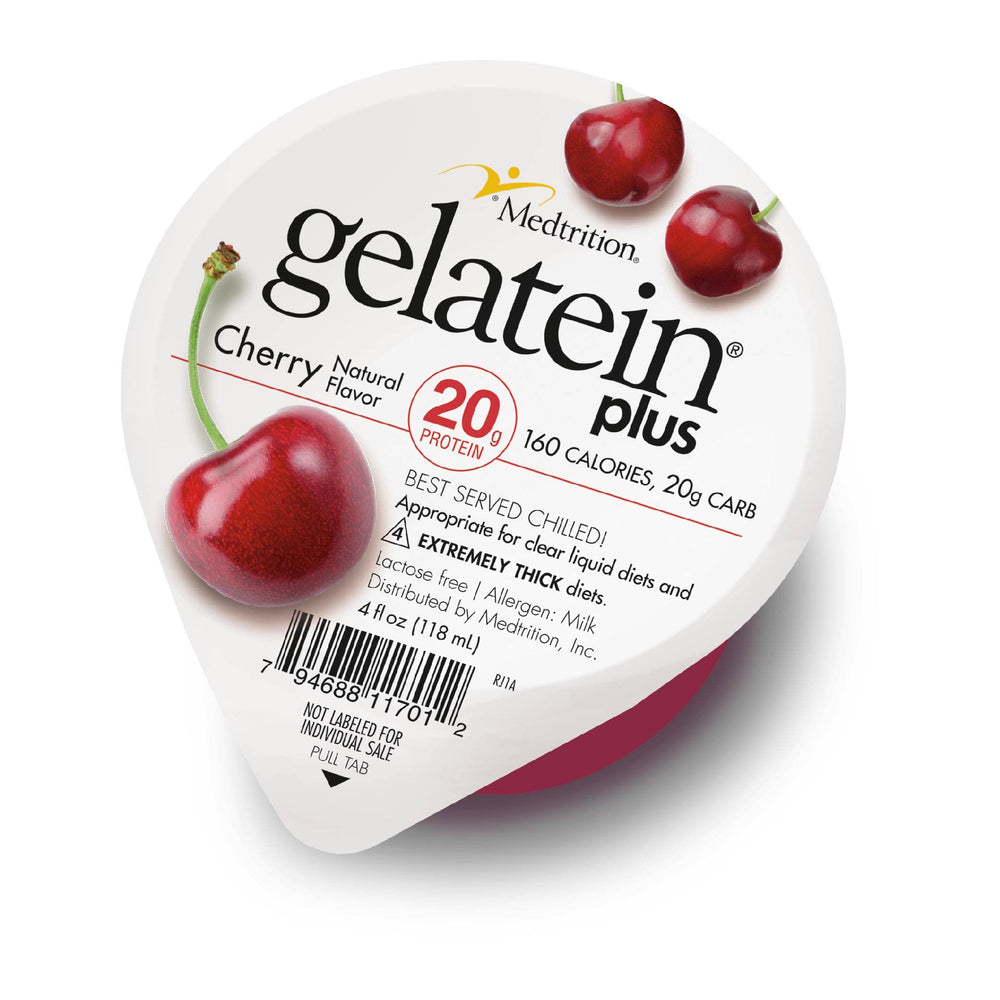 Medtrition Gelatein Plus Cherry bottle shows a convenient protein option for clear liquid diets.