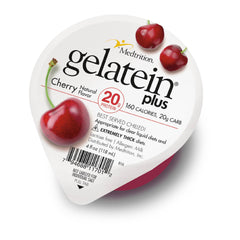 Medtrition Gelatein Plus Cherry bottle shows a convenient protein option for clear liquid diets.