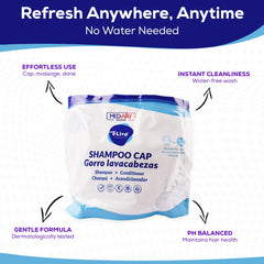 MedVance No Rinse Cap on head demonstrating no-water cleansing convenience