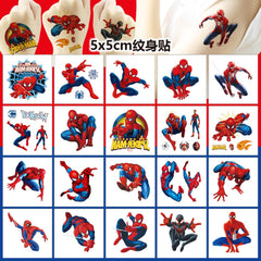 Meet Holiday Spider-Man tattoo sheet, colorful comic figures for classroom prizes.