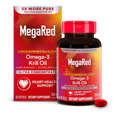 MegaRed Antarctic Krill Oil bottle highlights sustainable sourcing and omega-3 heart health support.