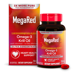 MegaRed Antarctic Krill Oil bottle highlights sustainable sourcing and omega-3 heart health support.