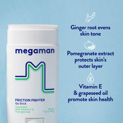 Megababe Megaman Friction Fighter Go formula with aloe promotes gentle protection.