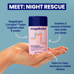 Megababe Night Rescue bottle label detail highlights MegaBright Complex ingredients.