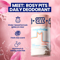 Megababe Rosy Pits application swatch highlights smooth glide and odor control.