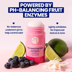Megababe Smoothie Deo enzymes close-up with lemon, orange, bilberry.