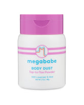 Megababe Sweat Absorbing Body Powder packaging front showing talc-free formula for on-the-go use.