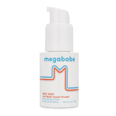 Megababe Sweat Absorbing Powder bottle pump shows targeted application for dry skin.