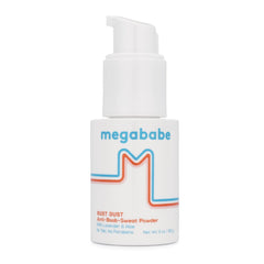 Megababe Sweat Absorbing Powder bottle pump shows targeted application for dry skin.