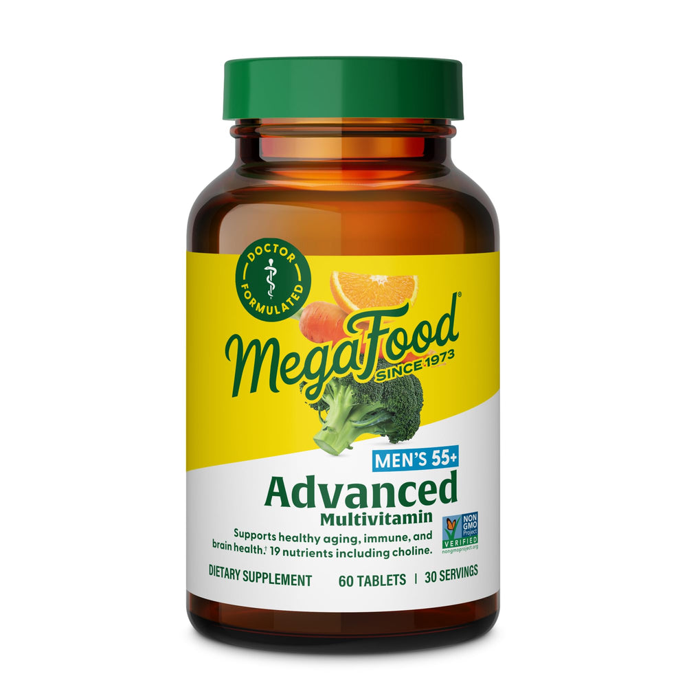 MegaFood Advanced Multivitamin for Men 55+ bottle front view for daily vitality