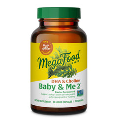 MegaFood Baby & Me 2 prenatal liquid DHA and Choline bottle supporting brain development.