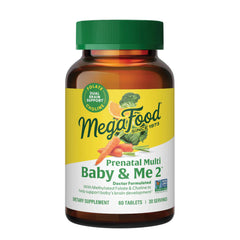 MegaFood Baby & Me 2 bottle front shows trusted prenatal vitamins for moms-to-be