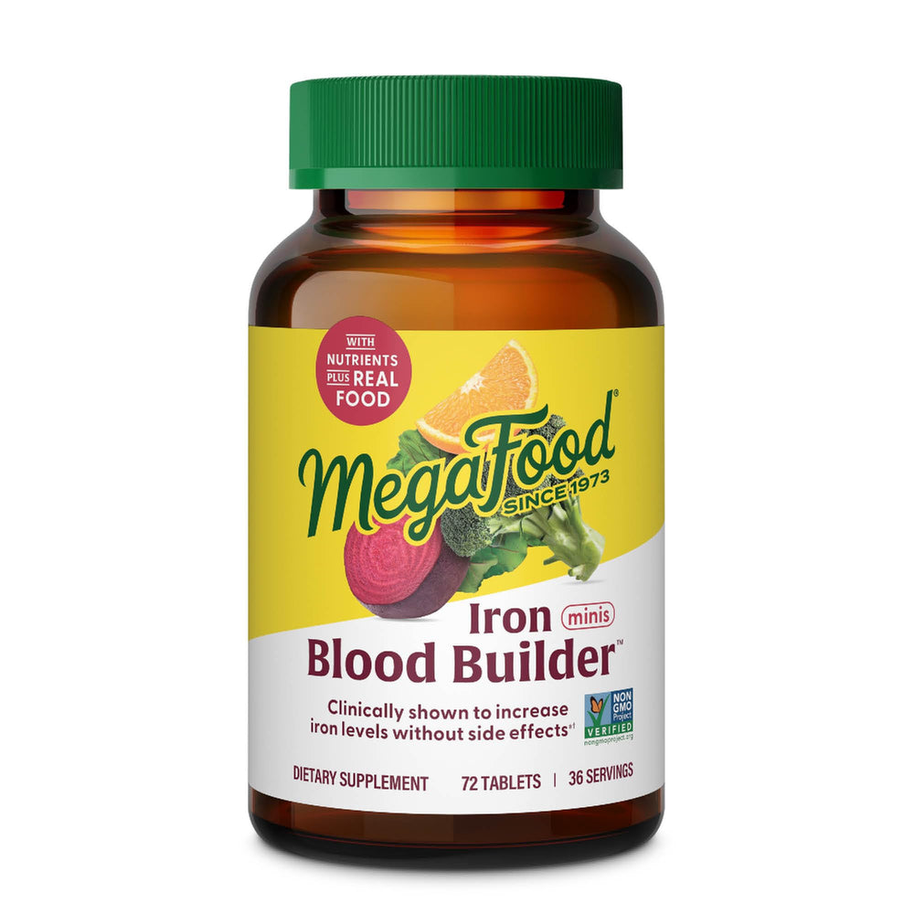 MegaFood Blood Builder bottle label highlighting gentle iron support for daily use