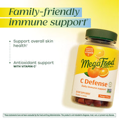 Ingredient lineup: orange, cranberry, blueberry, and ginger in MegaFood C Defense.