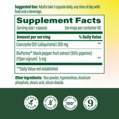 MegaFood CoQ10 200mg bottle back showing serving size and daily use details.