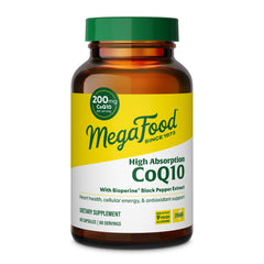 MegaFood CoQ10 200mg bottle front with BioPerine signaling enhanced absorption and heart support.
