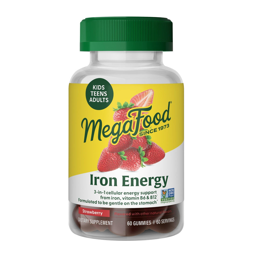 MegaFood Iron Energy Gummies packaging shows strawberry flavor for daily energy support.