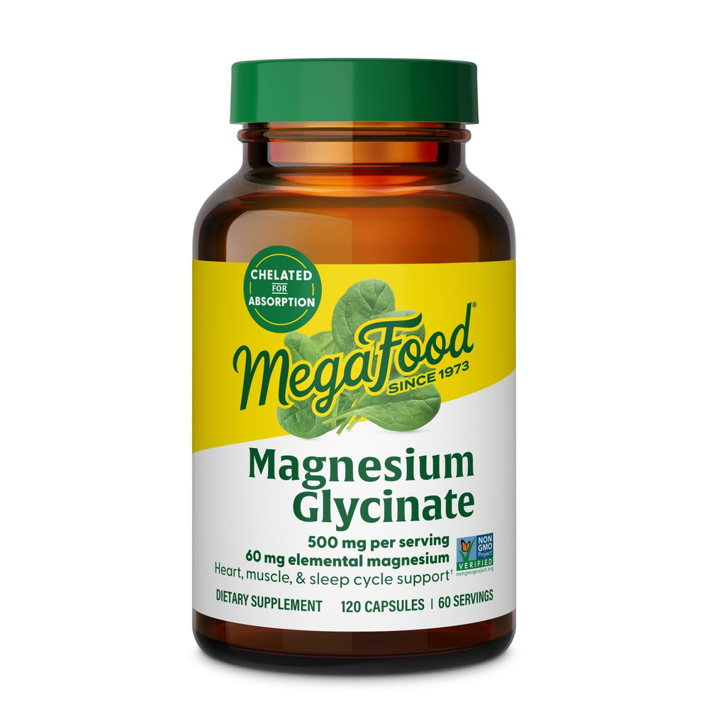 MegaFood Magnesium Glycinate bottle on countertop suggesting a calm evening routine