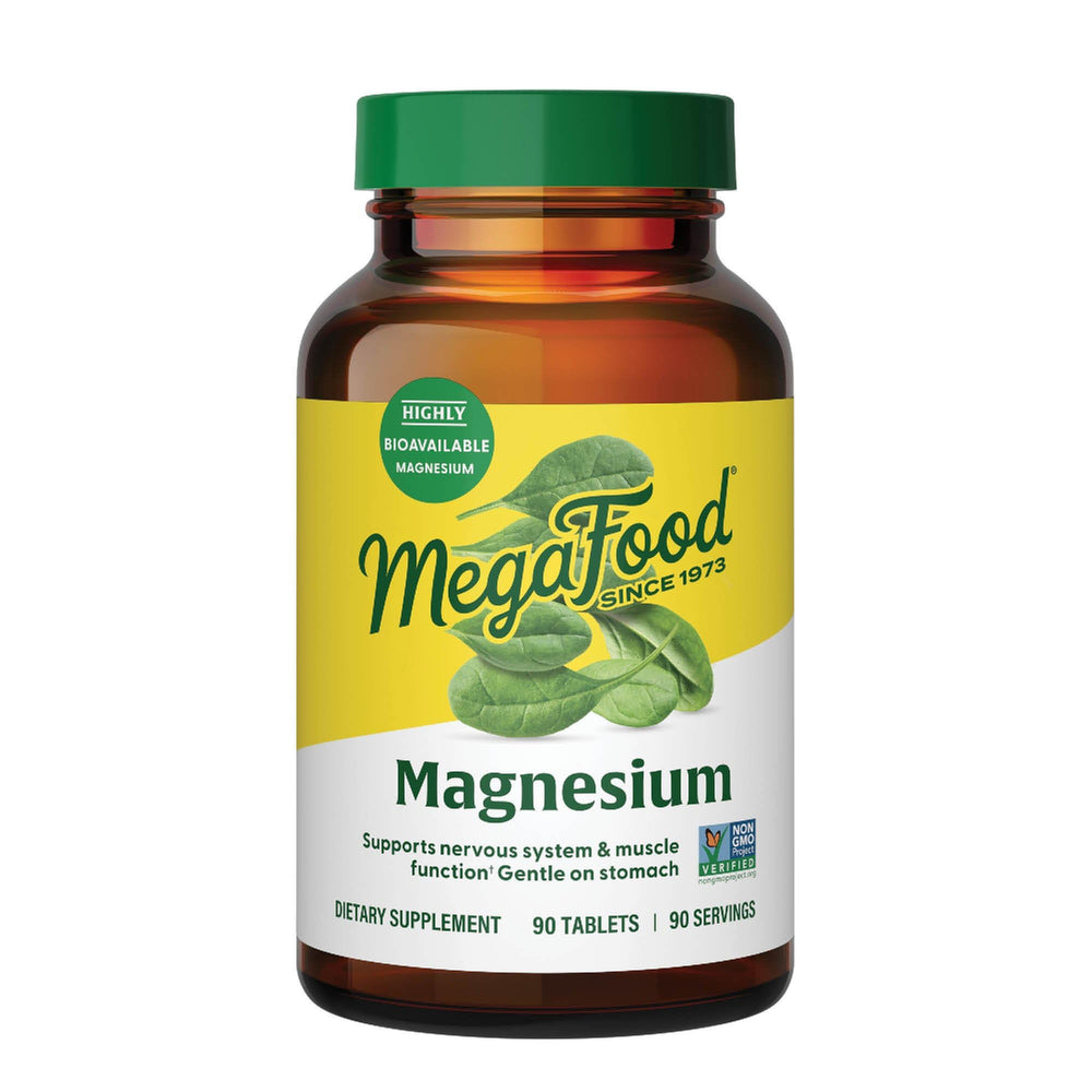 MegaFood magnesium supplement bottle showing fermented glycinate for muscle support.