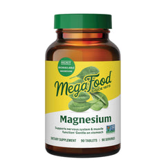 MegaFood magnesium supplement bottle showing fermented glycinate for muscle support.