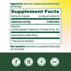 MegaFood Magtein label closeup emphasizes Magtein and vegan gluten-free formula for clean supplementation