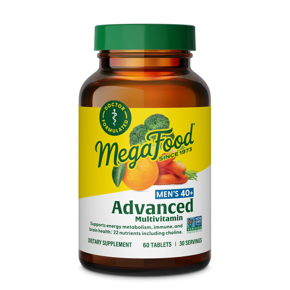 MegaFood Men's 40+ Advanced Multivitamin front label shows real-food ingredients for daily wellness.