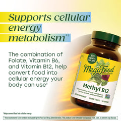 MegaFood Methyl B12 tablets shown as compact vegan capsules for easy daily use