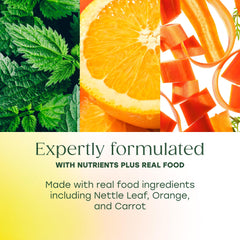 Nettle leaf and carrot ingredients shown for natural nourishment