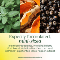MegaFood real-food per serving visuals show tart cherry, cranberry, and blueberry.