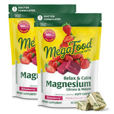 MegaFood Relax Calm bottle front with strawberry flavored chewable.