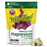 MegaFood Relax + Calm bottle pouring grape-flavored chews for on-the-go calm.