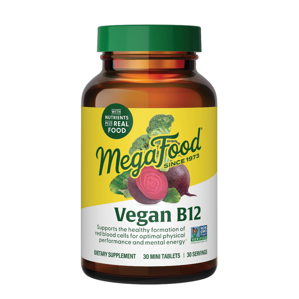 MegaFood vegan B12 mini-tablet bottle for daily energy support