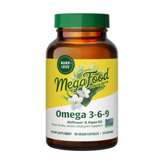 MegaFood vegan omega 3 6 9 bottle with burp-less design for daily use