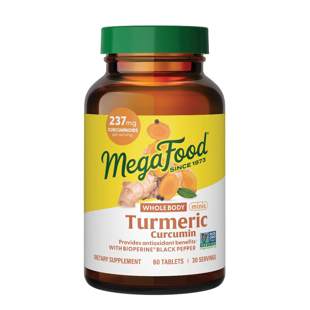MegaFood Whole Body Minis Turmeric Curcumin bottle shows compact capsules for daily antioxidant support.