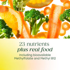 Visuals of broccoli, oranges, and carrots showing real-food ingredients in MegaFood multivitamin.