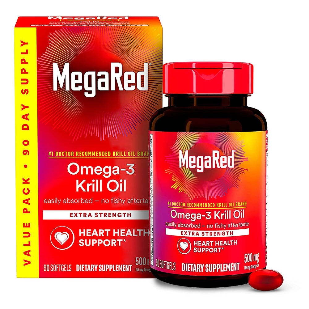 MegaRed Antarctic Krill Oil bottle with softgels for daily heart health support.