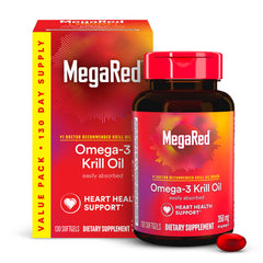 Megared Antarctic krill oil bottle with 130-count softgels for daily use.