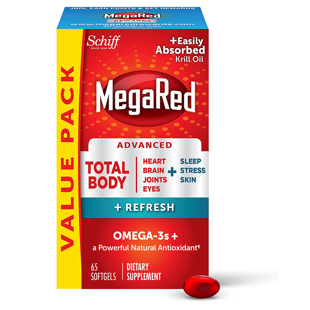 MegaRed Total Body Refresh softgels bottle highlights omega-3 and krill oil for heart support