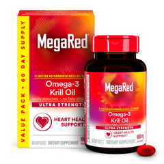 Megared Ultra Strength krill oil bottle front signals heart health focus.